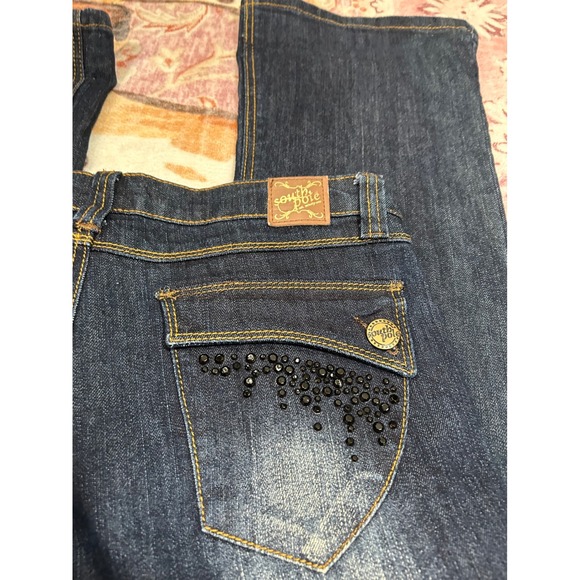 Y2K Southpole Dark Wash Low Rise Flare Jeans Rhinestone Embellished Size 9 - Picture 3 of 8